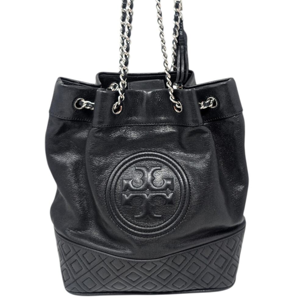 Tory Burch Fleming Black Quilted Leather Bucket Bag Tassel Chain